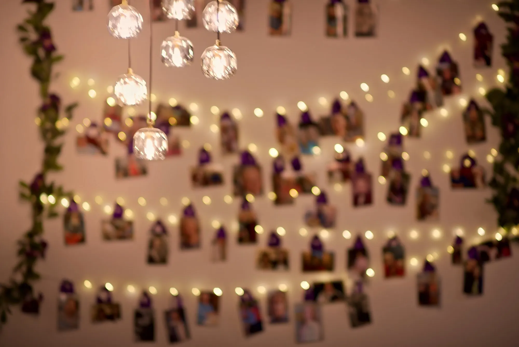 Family photographs pegged along strings of fairy lights under glass pendant globes